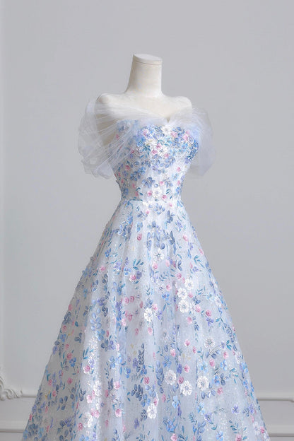 Blue Floral Tulle Long Prom Dress, Beautiful A-Line Off the Shoulder Party Dress