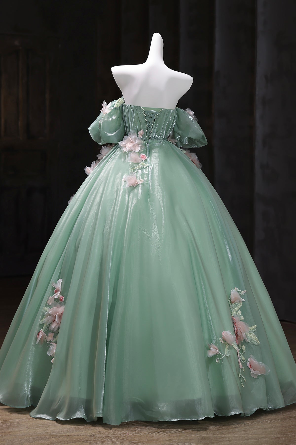 Green Tulle Long Prom Dress with Flowers, Beautiful Off the Shoulder Party Dress