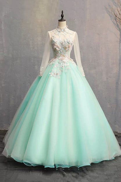 Green Tulle Lace Long Prom Dress, Beautiful A-Line Long Sleeve Party Dress
