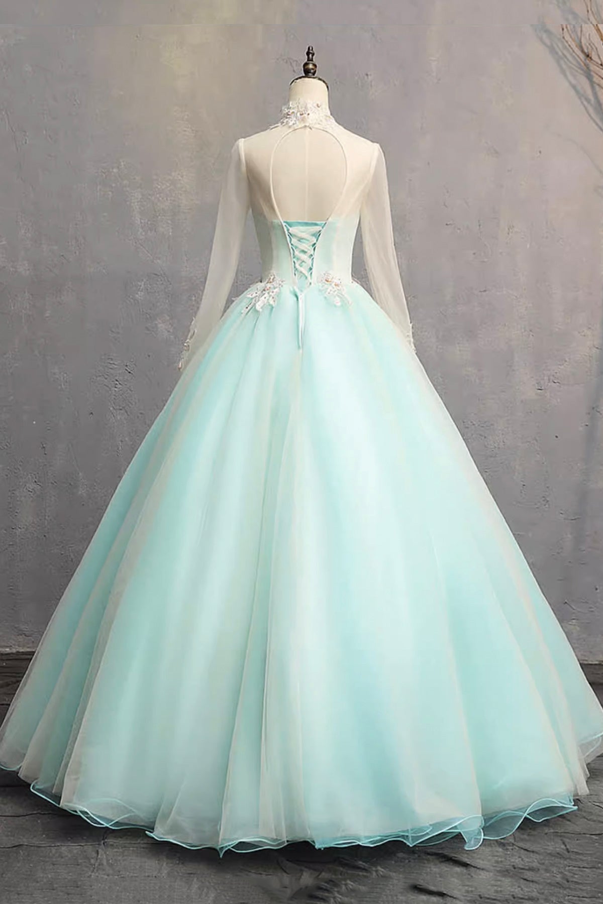 Green Tulle Lace Long Prom Dress, Beautiful A-Line Long Sleeve Party Dress