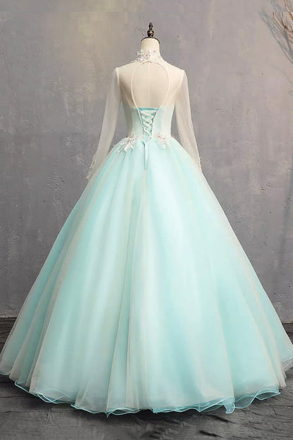 Green Tulle Lace Long Prom Dress, Beautiful A-Line Long Sleeve Party Dress