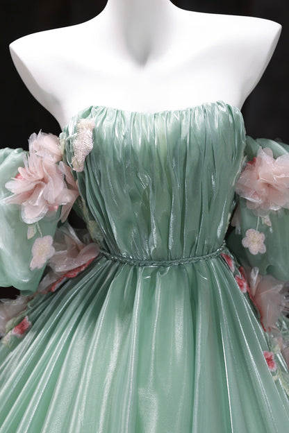 Green Tulle Long Prom Dress with Flowers, Beautiful Off the Shoulder Party Dress