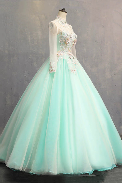 Green Tulle Lace Long Prom Dress, Beautiful A-Line Long Sleeve Party Dress