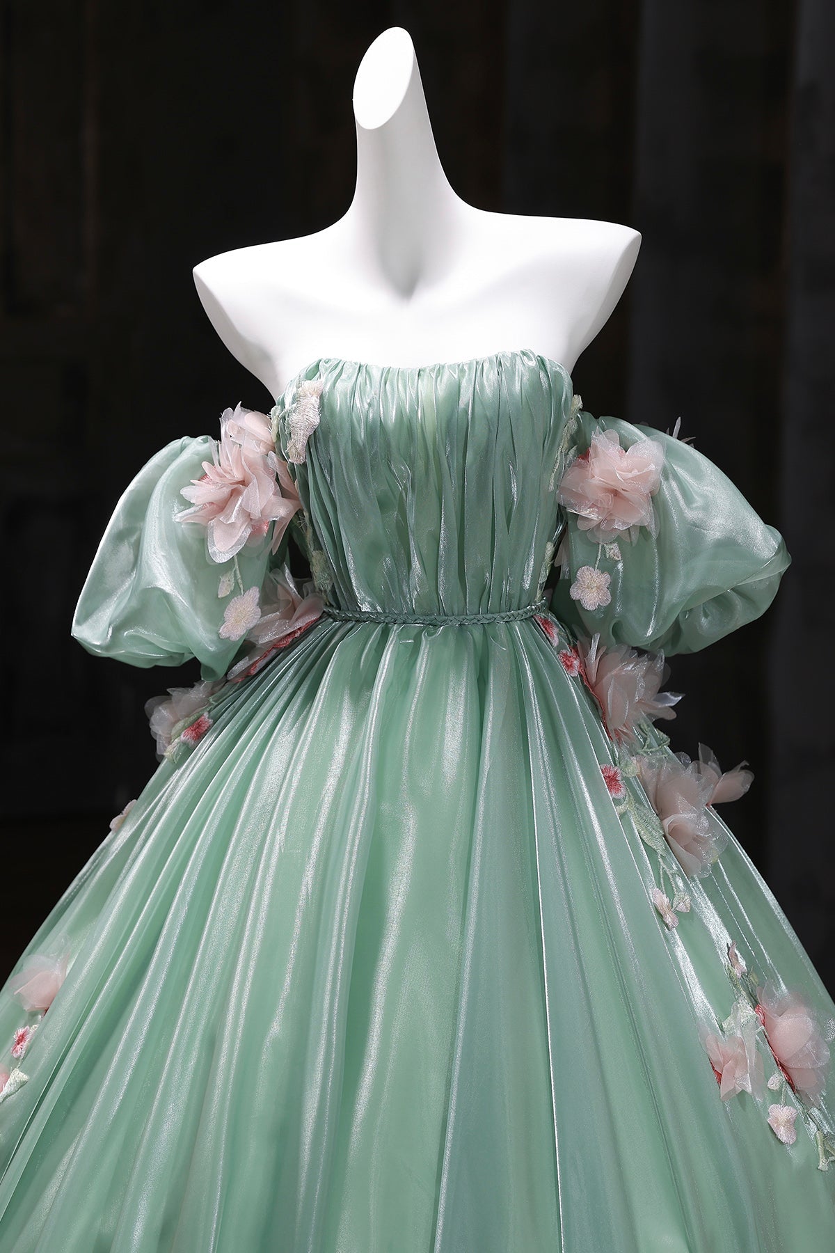 Green Tulle Long Prom Dress with Flowers, Beautiful Off the Shoulder Party Dress