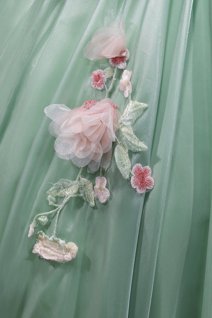 Green Tulle Long Prom Dress with Flowers, Beautiful Off the Shoulder Party Dress