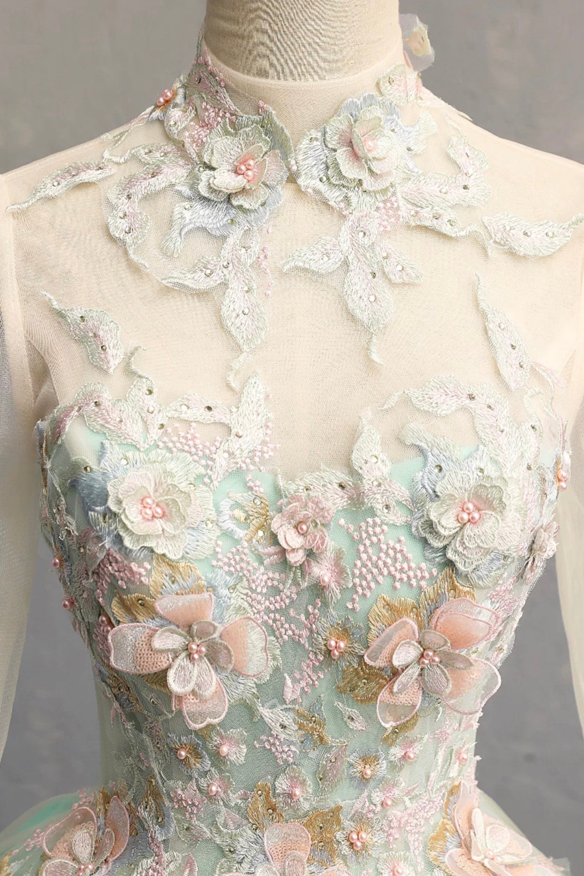 Green Tulle Lace Long Prom Dress, Beautiful A-Line Long Sleeve Party Dress