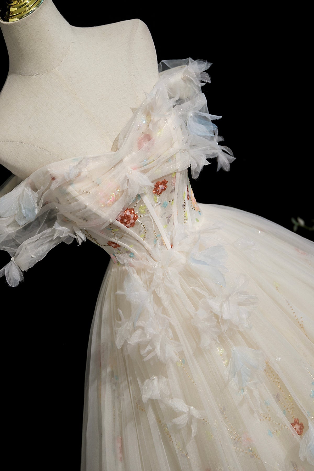 Champagne Tulle Beads Long Prom Dress, Beautiful A-Line Party Dress