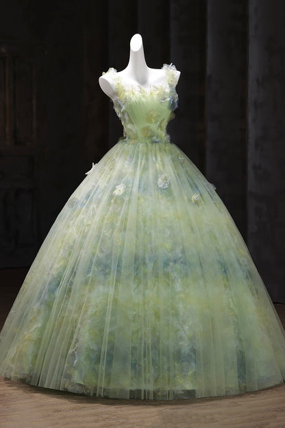Green Tulle Long Prom Dress, Beautiful A-Line Strapless Evening Dress