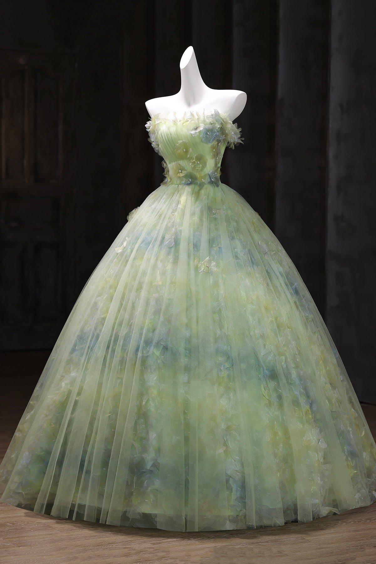Green Tulle Long Prom Dress, Beautiful A-Line Strapless Evening Dress