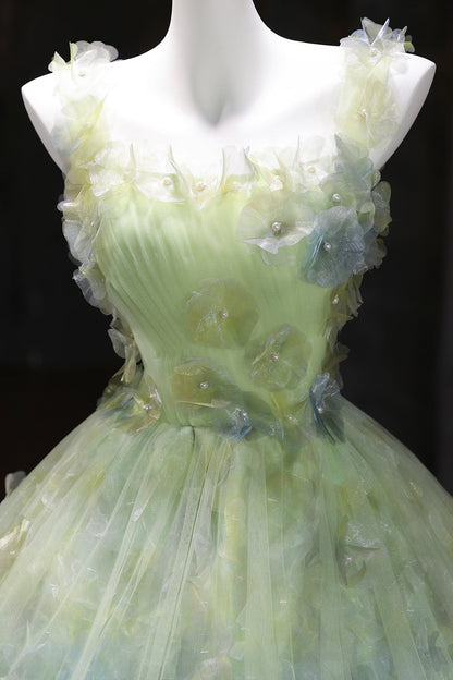 Green Tulle Long Prom Dress, Beautiful A-Line Strapless Evening Dress