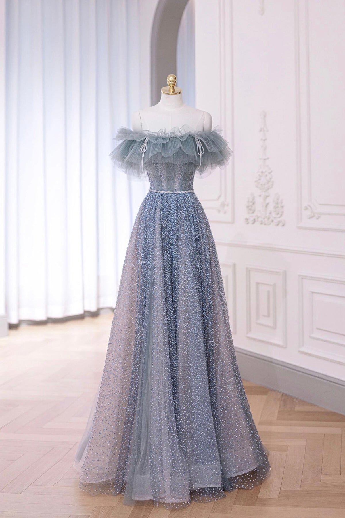 A-Line Tulle Long Blue Prom Dress, Beautiful Off the Shoulder Party Dress