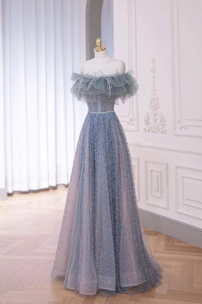 A-Line Tulle Long Blue Prom Dress, Beautiful Off the Shoulder Party Dress