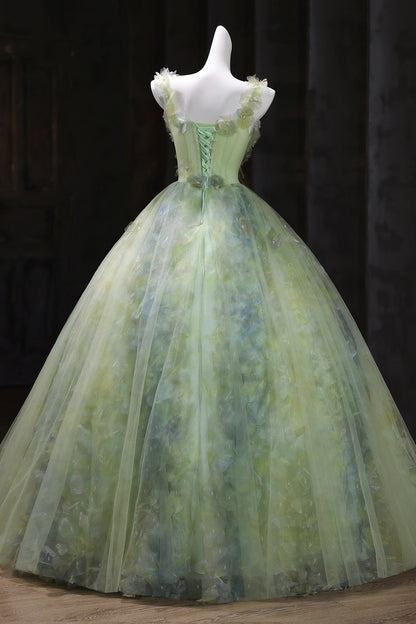 Green Tulle Long Prom Dress, Beautiful A-Line Strapless Evening Dress