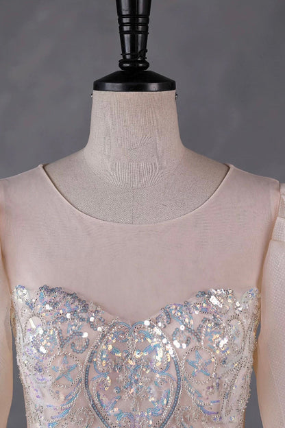 Champagne Tulle Sequins Long Prom Dress, A-Line Long Sleeve Evening Party Dress