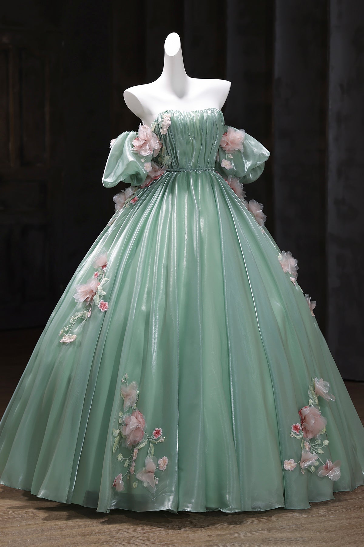 Green Tulle Long Prom Dress with Flowers, Beautiful Off the Shoulder Party Dress