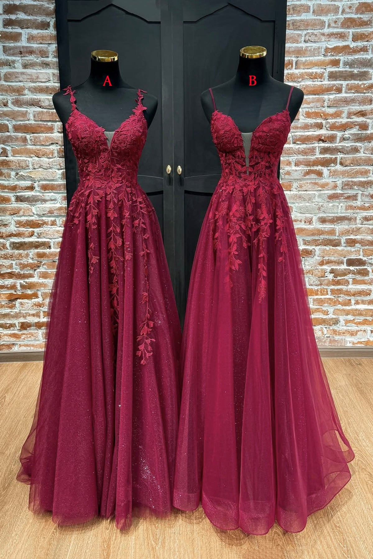 Burgundy V-Neck Lace Long Prom Dress, A-Line Spaghetti Strap Evening Party Dress
