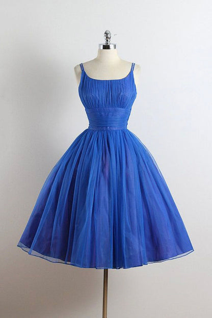 Scoop Neckline Royal Blue Party Dress, A-Line Spaghetti Strap Short Evening Dress