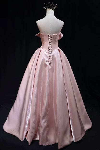 Pink Strapless Satin Long Prom Dress, Beautiful A-Line Evening Party Dress