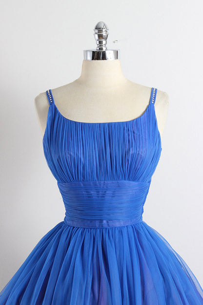 Scoop Neckline Royal Blue Party Dress, A-Line Spaghetti Strap Short Evening Dress