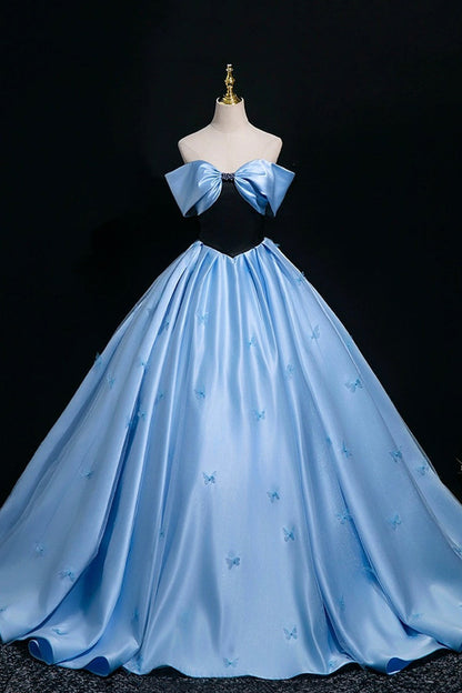 Blue Satin Floor Length Prom Dress, A-Line Off the Shoulder Party Dress