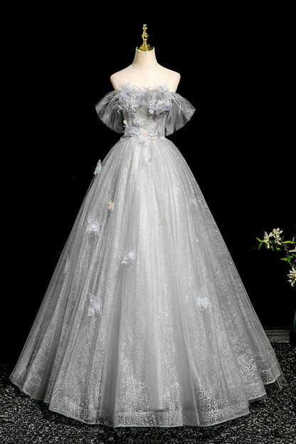 A-Line Flower Tulle Long Prom Dress, Gray Off the Shoulder Party Dress