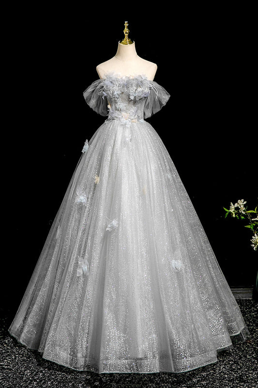 A-Line Flower Tulle Long Prom Dress, Gray Off the Shoulder Party Dress