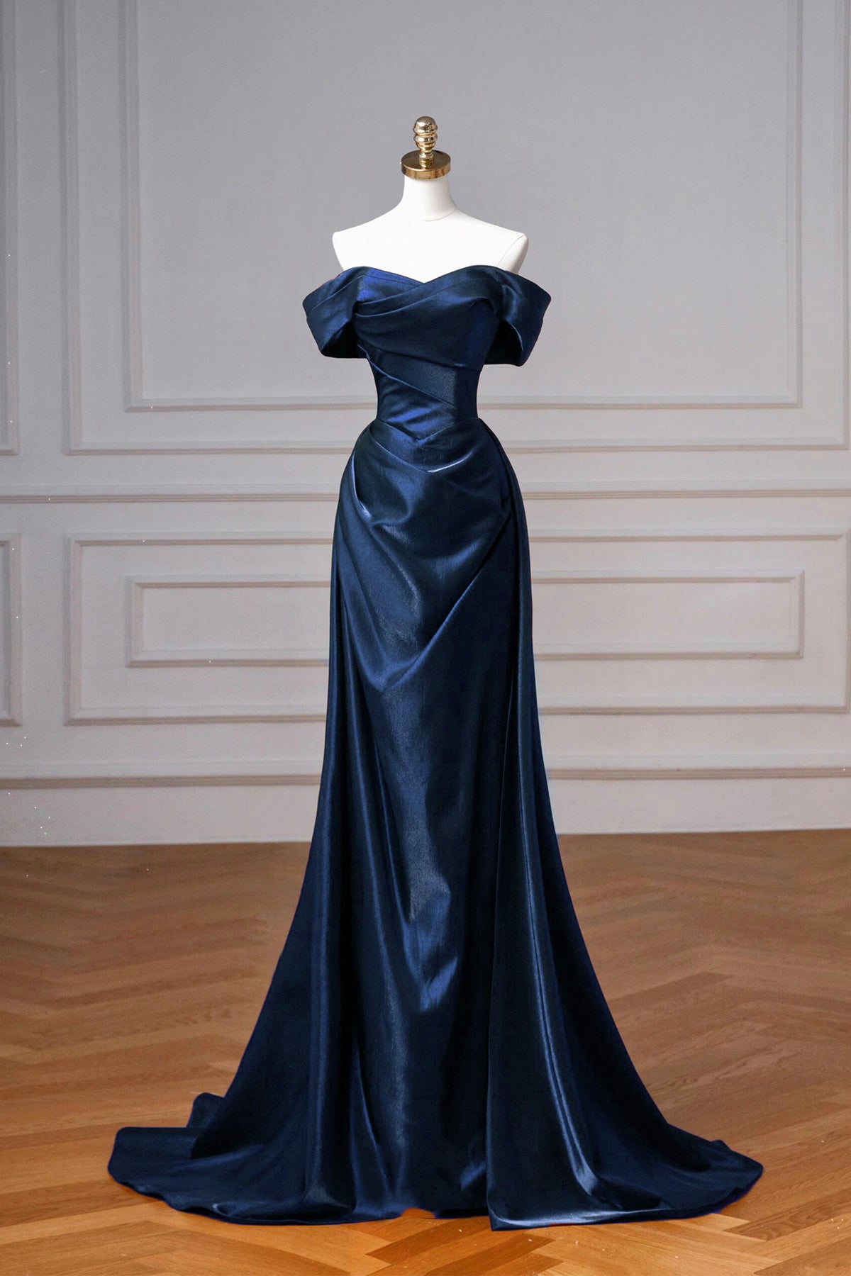 Navy Satin Long A-Line Prom Dress, Elegant Off the Shoulder Party Dress