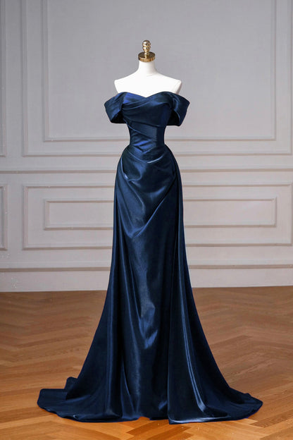 Navy Satin Long A-Line Prom Dress, Elegant Off the Shoulder Party Dress