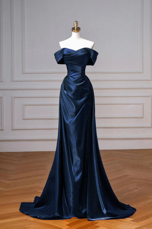 Navy Satin Long A-Line Prom Dress, Elegant Off the Shoulder Party Dress