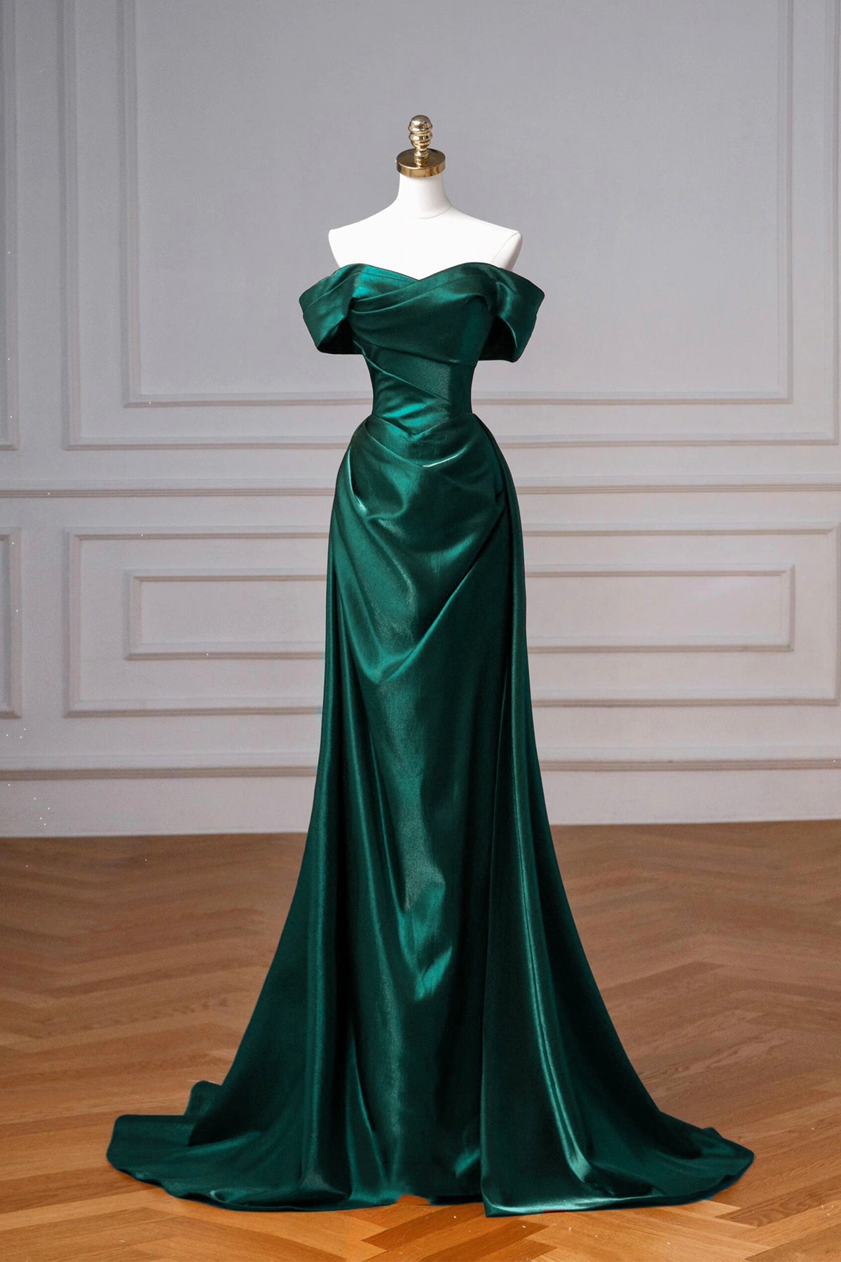 Dark Green Satin Long Prom Dress, Elegant Off the Shoulder Party Dress