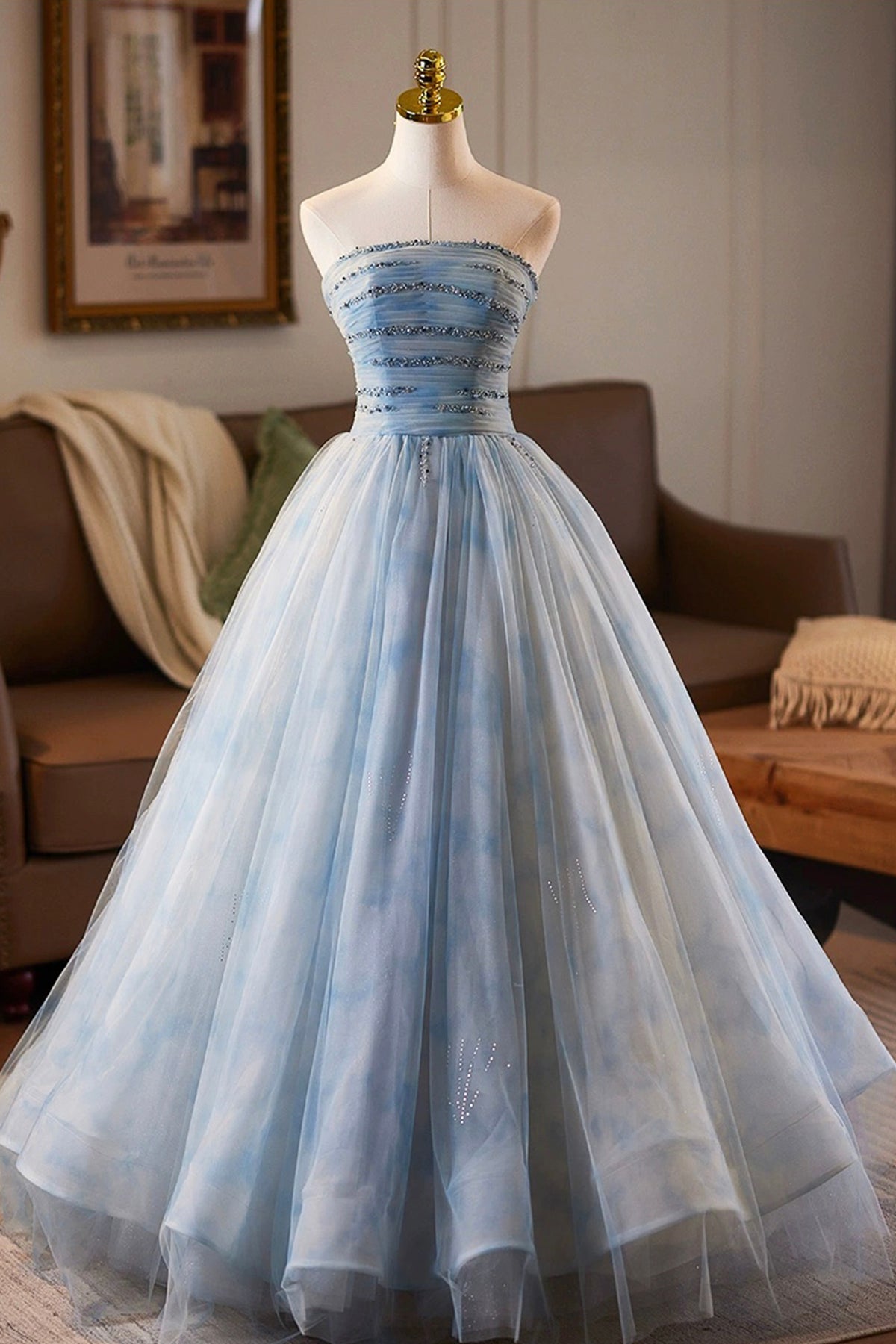 Blue Tulle Printed Pattern Long Prom Dress, Beautiful A-Line Party Dress with Cape