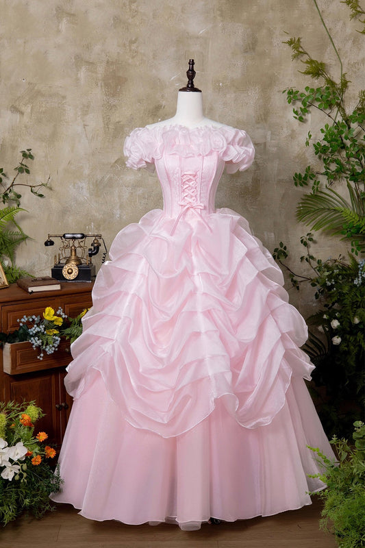 Pink Tulle Lace Long Prom Dress, Beautiful A-Line Off the Shoulder Party Dress