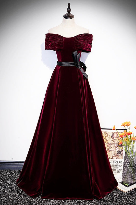 Burgundy Velvet Floor Length Prom Dress, Elegant Off the Shoulder Party Dress