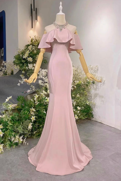 Black/Pink Halter Long Prom Dress, Mermaid Off the Shoulder Evening Party Dress