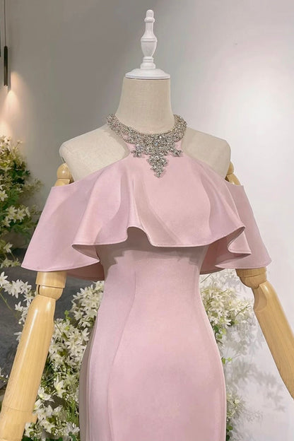 Black/Pink Halter Long Prom Dress, Mermaid Off the Shoulder Evening Party Dress