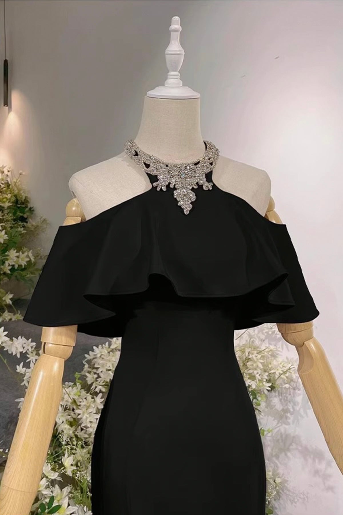 Black/Pink Halter Long Prom Dress, Mermaid Off the Shoulder Evening Party Dress