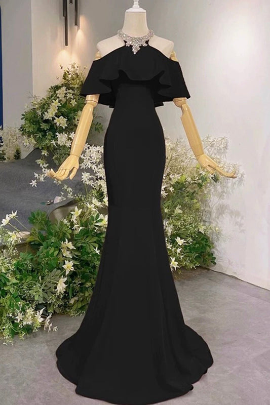 Black/Pink Halter Long Prom Dress, Mermaid Off the Shoulder Evening Party Dress