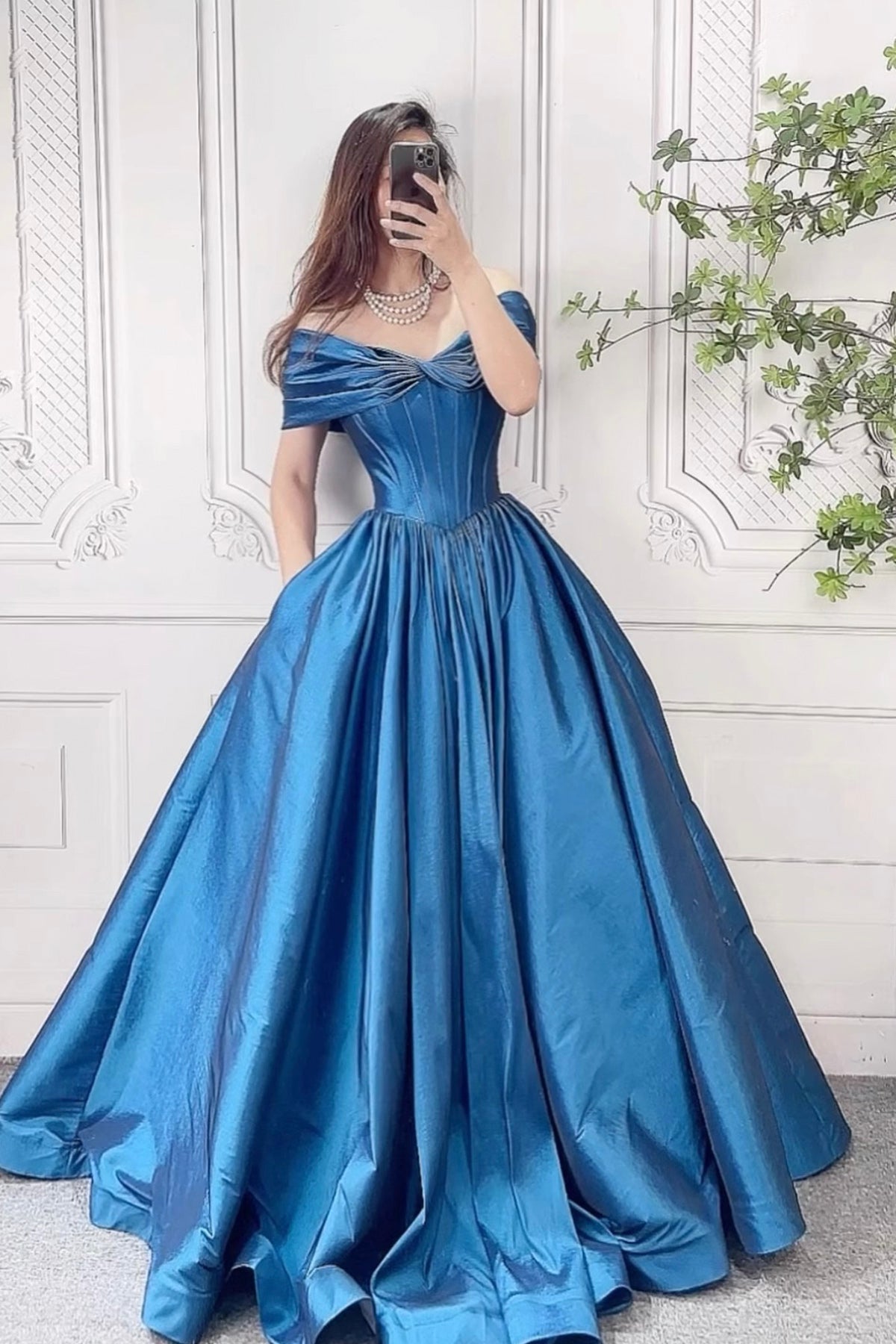 Blue Satin Long Prom Dress with Corset, Beautiful Off the Shoulder Evening Party Dress
