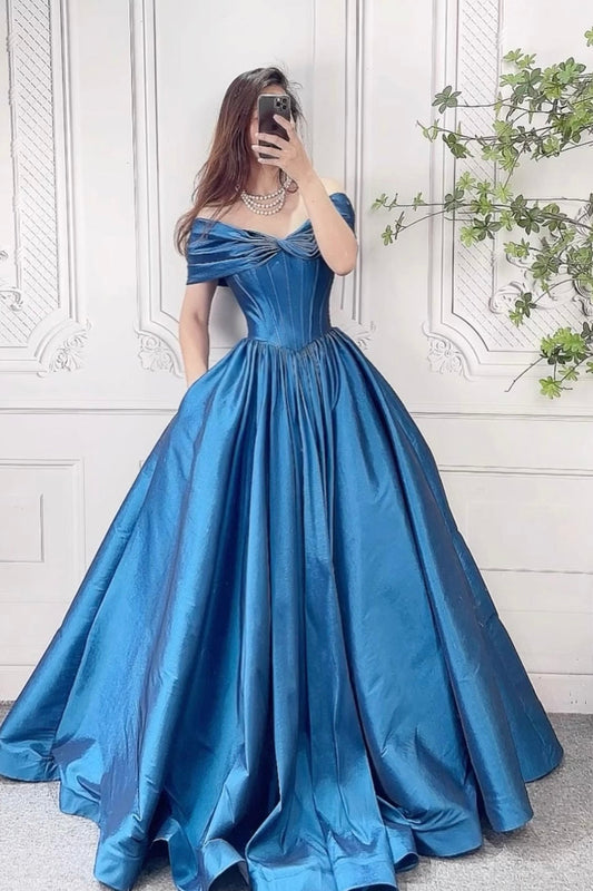 Blue Satin Long Prom Dress with Corset, Beautiful Off the Shoulder Evening Party Dress