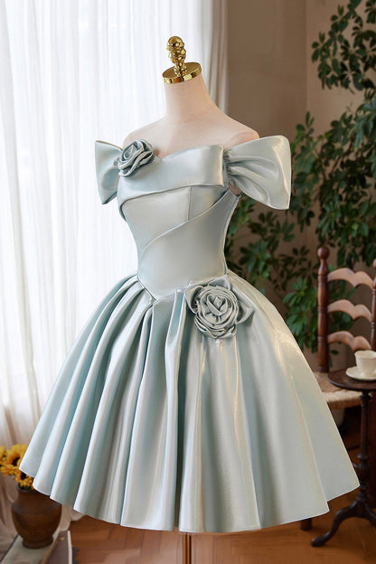 Gray Green Satin Short Prom Dress, Cute A-Line Homecoming Party Dress