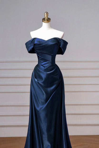 Navy Satin Long A-Line Prom Dress, Elegant Off the Shoulder Party Dress