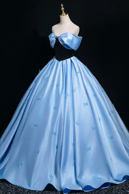 Blue Satin Floor Length Prom Dress, A-Line Off the Shoulder Party Dress