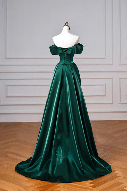 Dark Green Satin Long Prom Dress, Elegant Off the Shoulder Party Dress