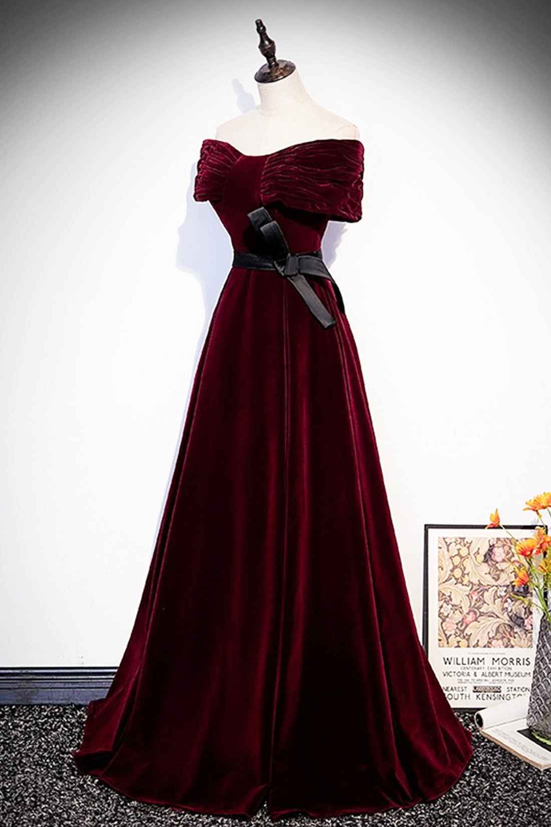 Burgundy Velvet Floor Length Prom Dress, Elegant Off the Shoulder Party Dress