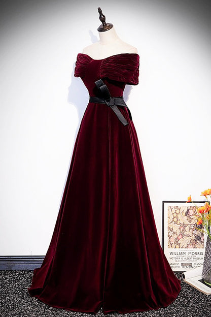 Burgundy Velvet Floor Length Prom Dress, Elegant Off the Shoulder Party Dress