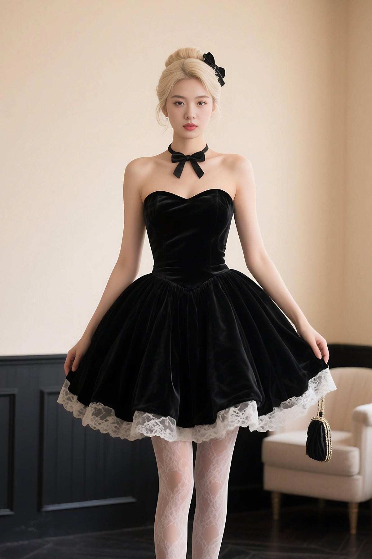 Black Velvet Lace Short Prom Dress, Lovely A-Line Evening Party Dress