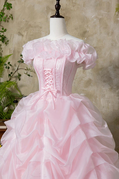 Pink Tulle Lace Long Prom Dress, Beautiful A-Line Off the Shoulder Party Dress