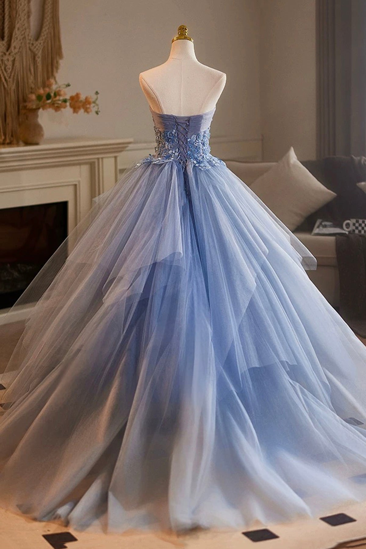 Blue Tulle Floral Long Party Dress, Lovely Strapless A-line Evening Prom Dress