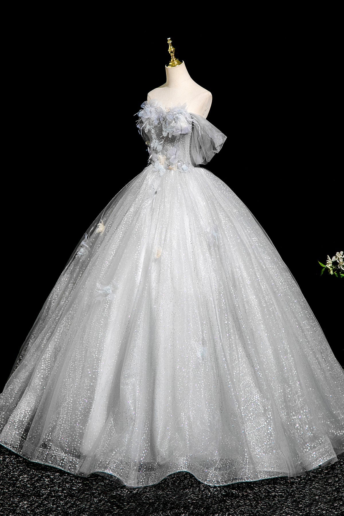 A-Line Flower Tulle Long Prom Dress, Gray Off the Shoulder Party Dress