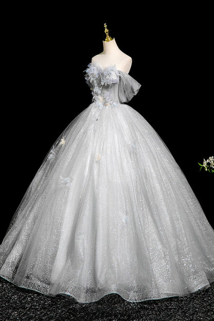A-Line Flower Tulle Long Prom Dress, Gray Off the Shoulder Party Dress
